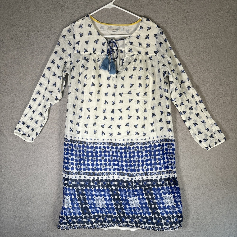 Boden White Blue Floral Cotton Layered Tunic Dress Tassel Split Neck US 6R WW036